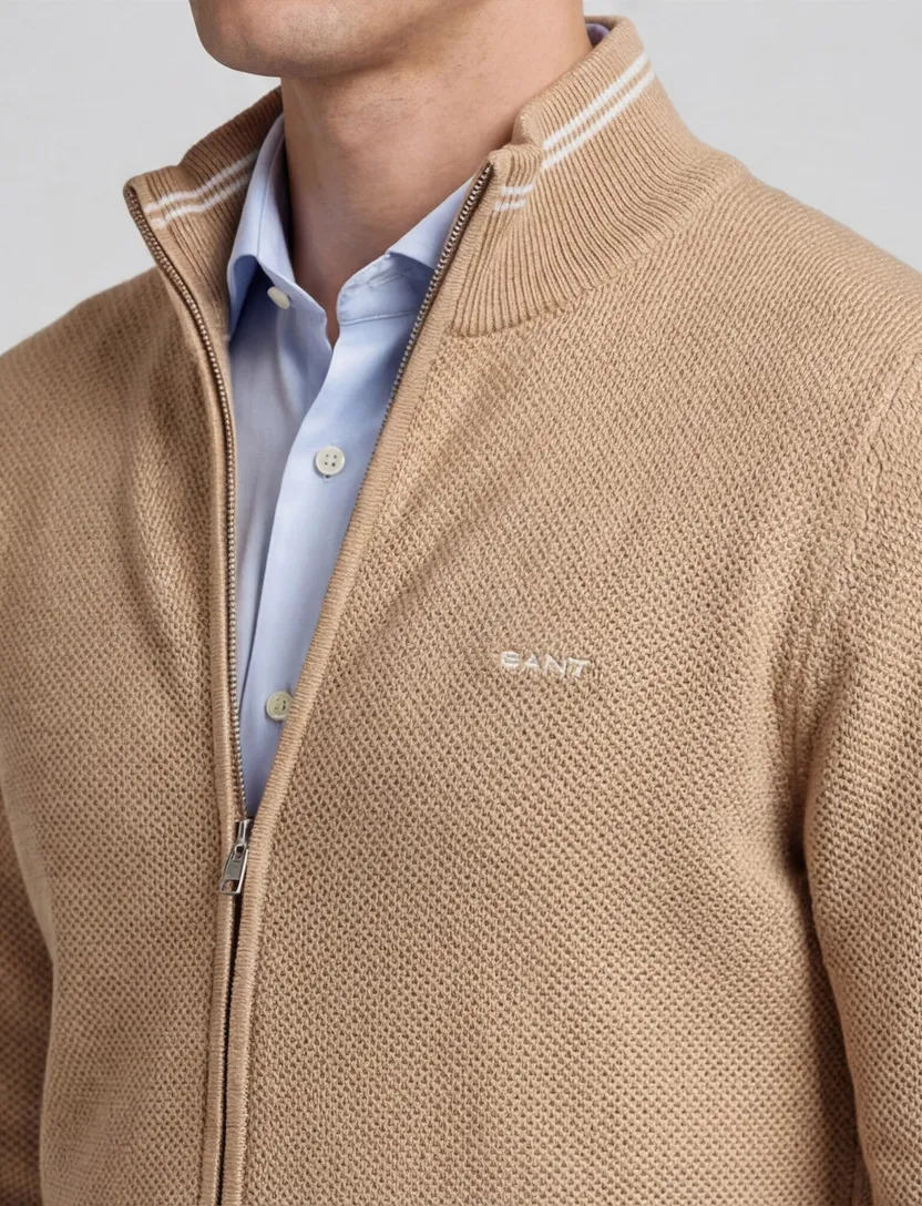 Gant vest camel rits effen katoen opstaande kraag normale fit