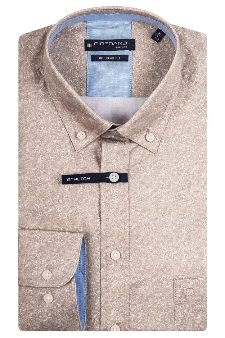 Giordano casual overhemd wijde fit bruin met printje katoen
