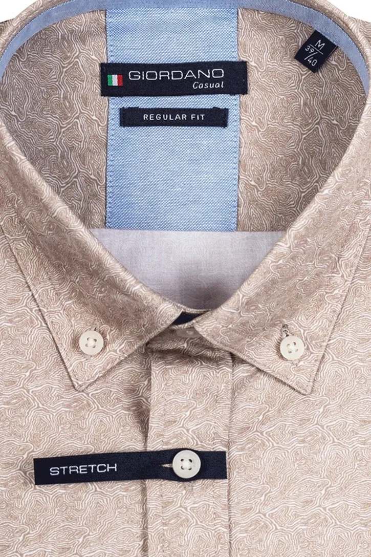 Giordano casual overhemd wijde fit bruin met printje katoen