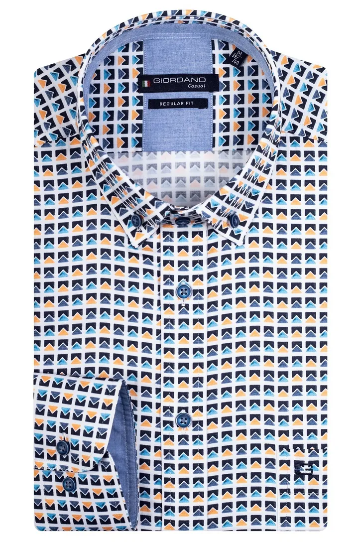 Giordano casual overhemd wijde fit blauw geel geprint katoen