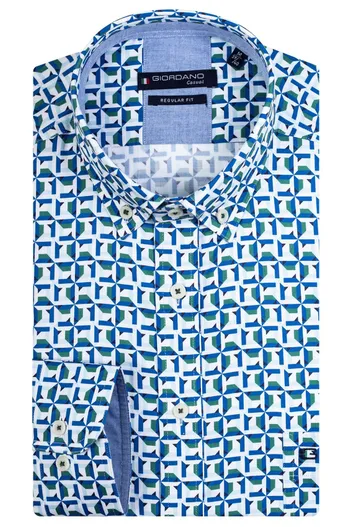 Giordano Giordano casual overhemd blauw groene print met borstzak wijde fit katoen