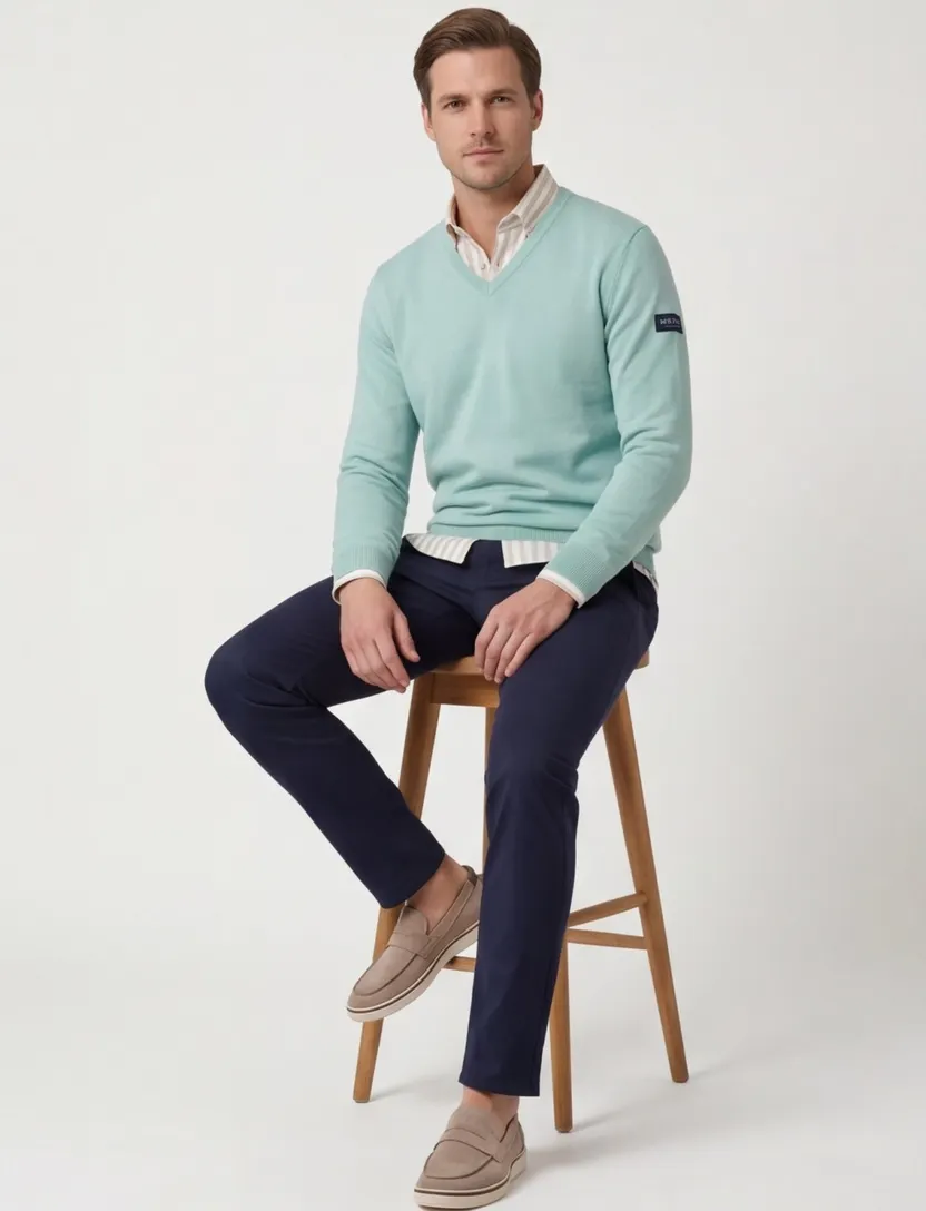 Maerz trui v-hals turquoise wol