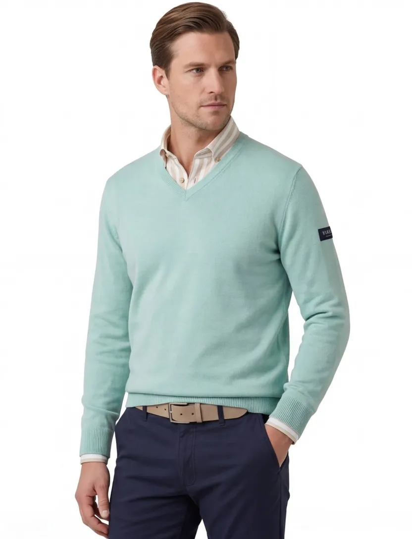 Maerz trui v-hals turquoise wol