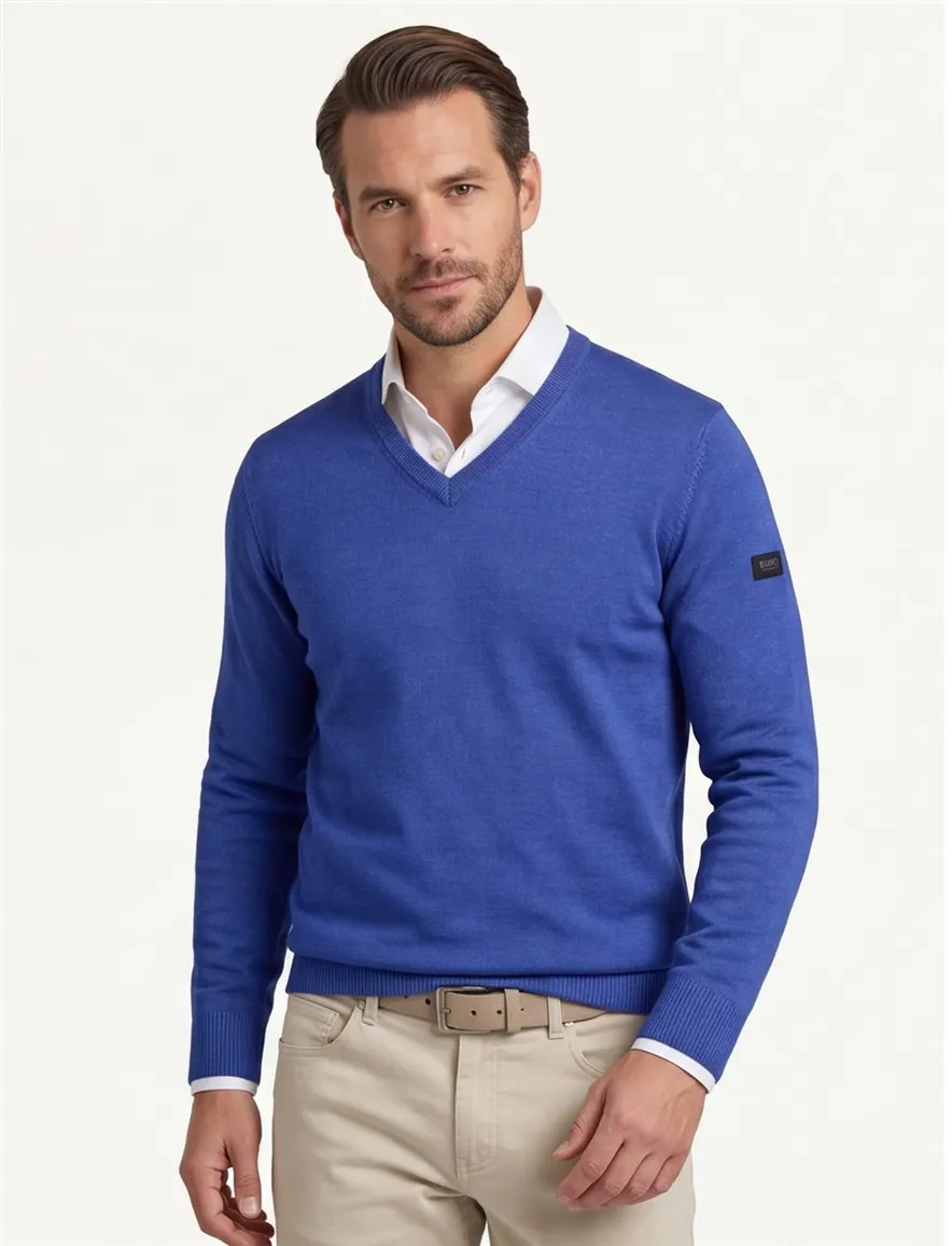 Maerz trui v-hals blauw virginwol