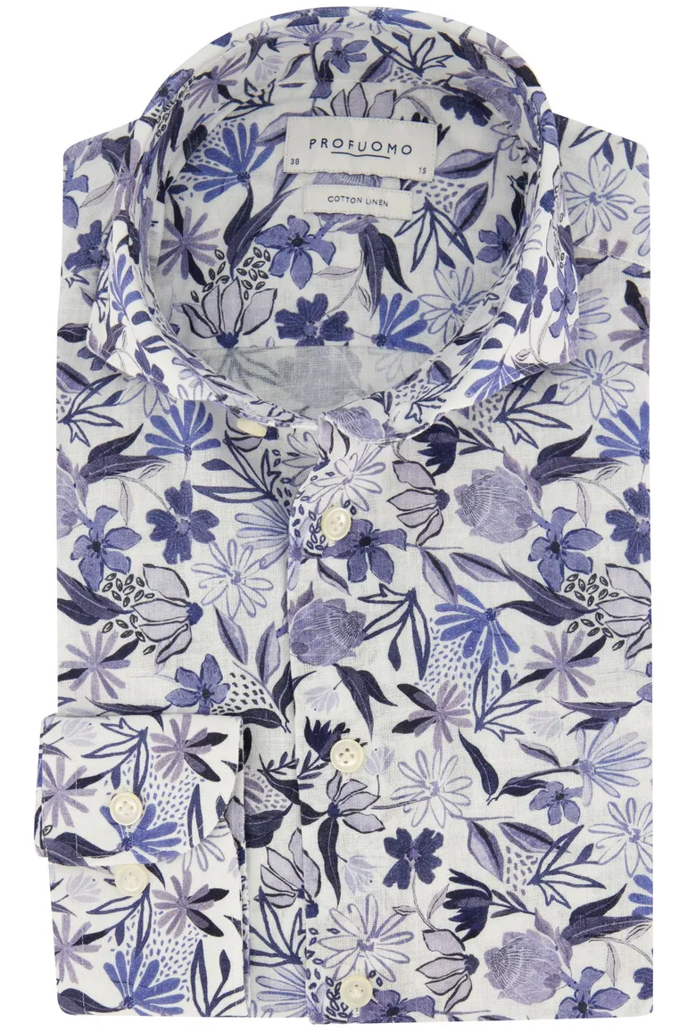 Profuomo overhemd linnenmix blauw geprint