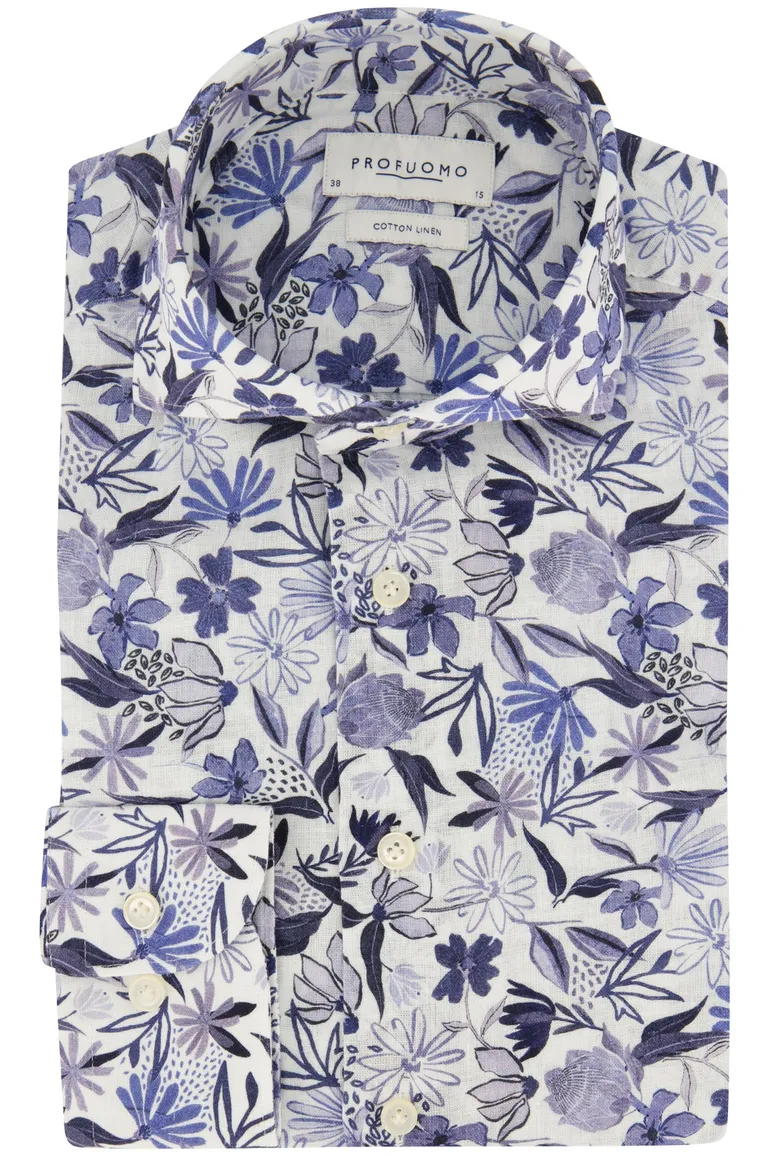 Profuomo overhemd linnenmix blauw geprint
