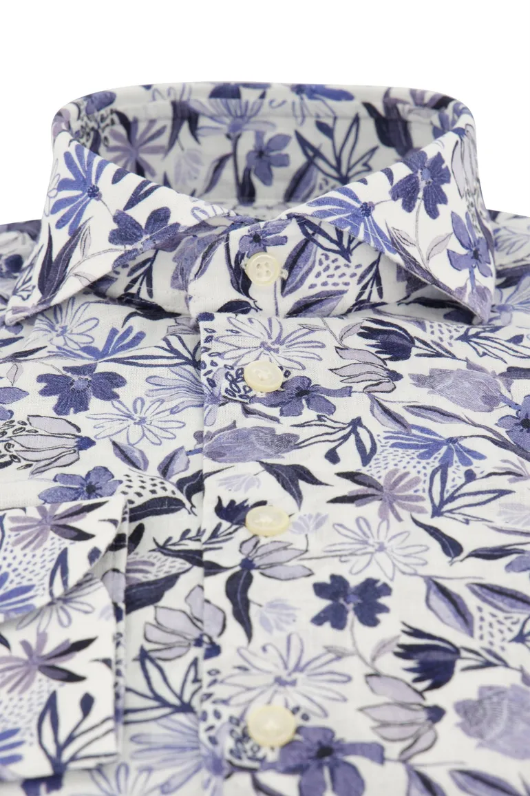Profuomo overhemd linnenmix blauw geprint