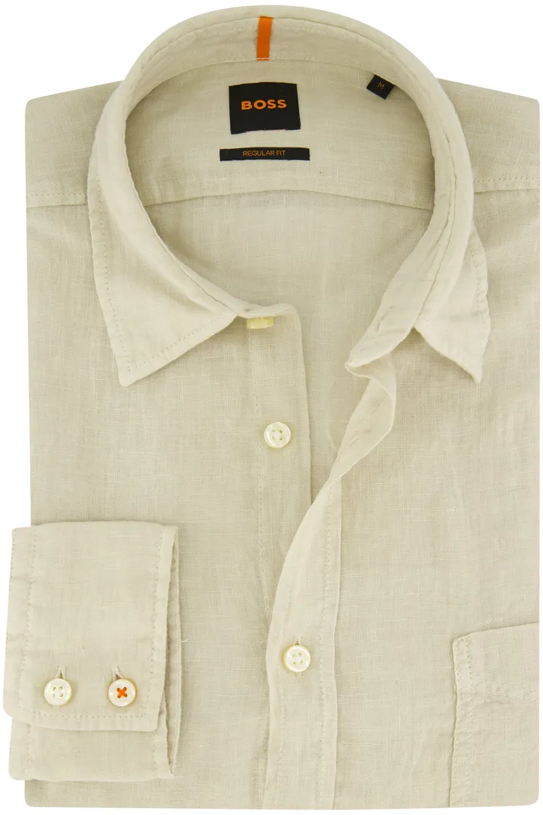 Overhemd Boss Orange normale fit beige effen linnen