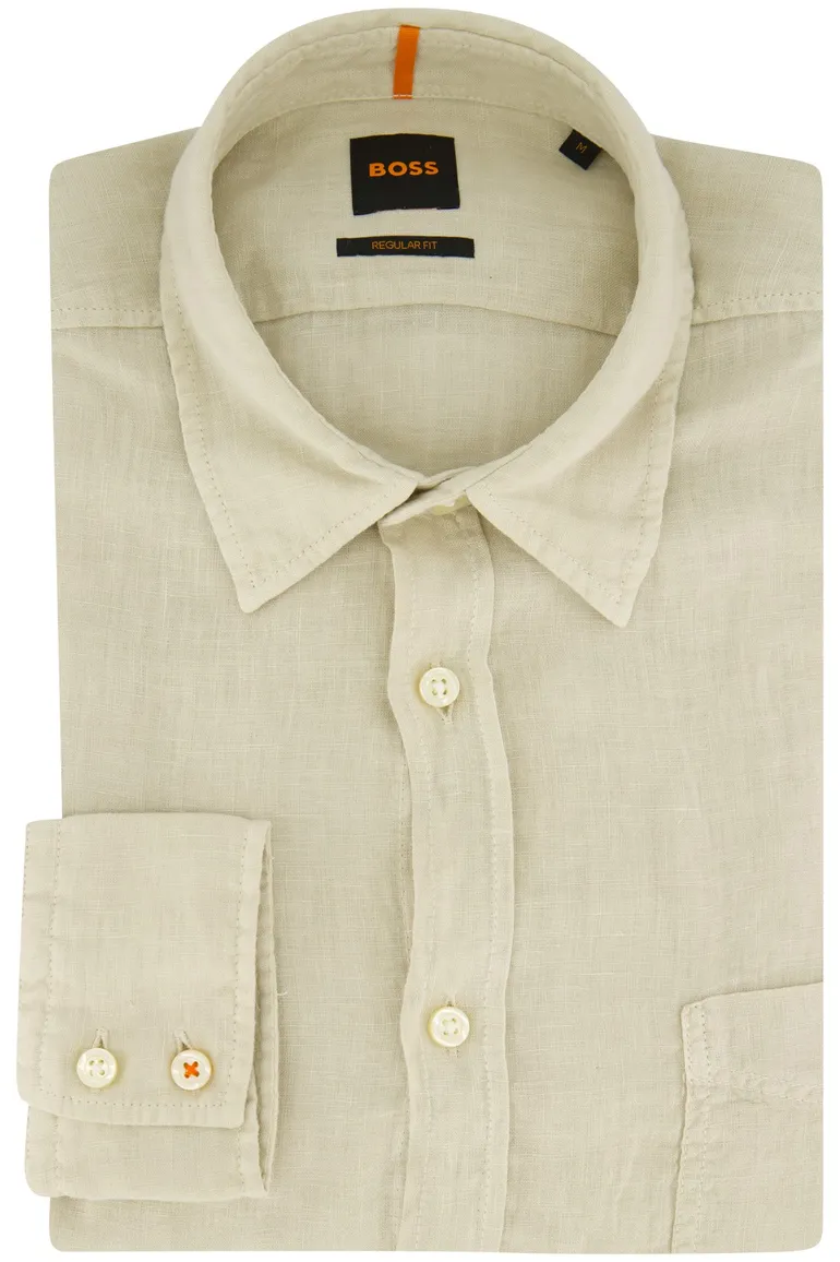 Overhemd Boss Orange normale fit beige effen linnen