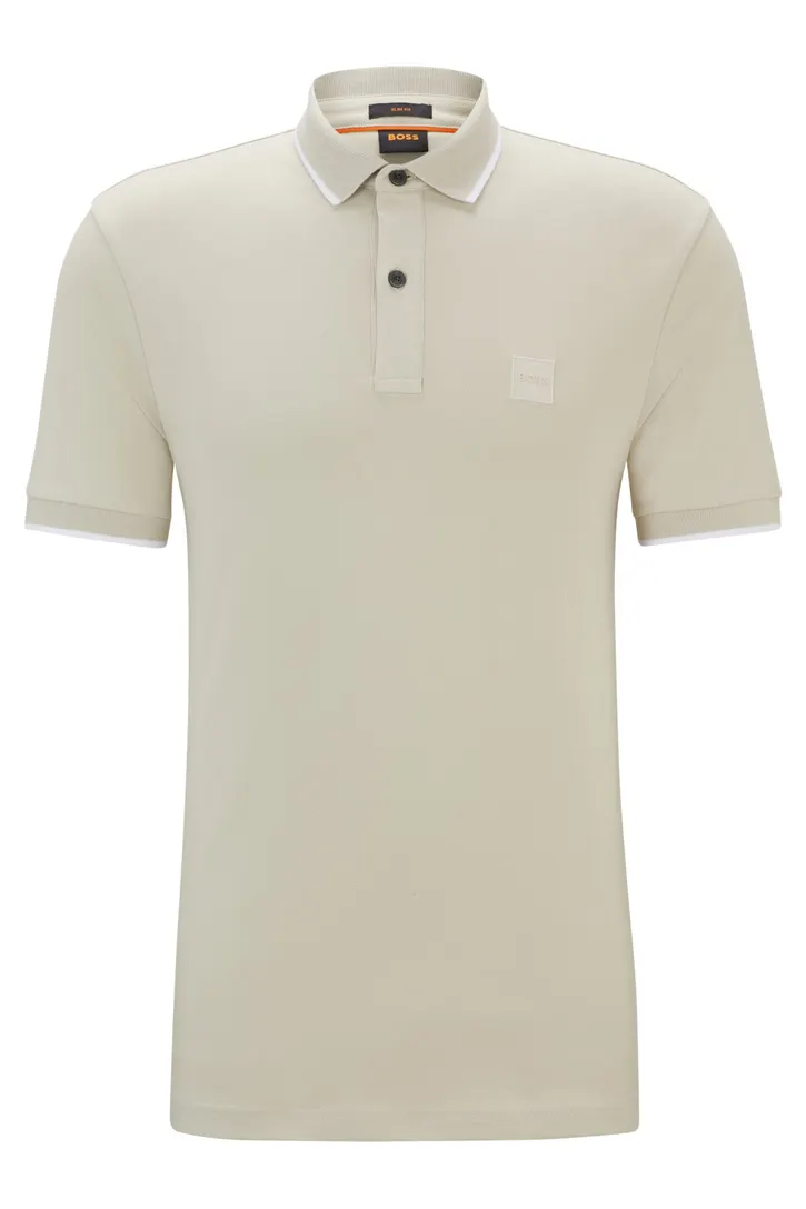 katoenen BOSS orange Passertip polo slim fit effen beige