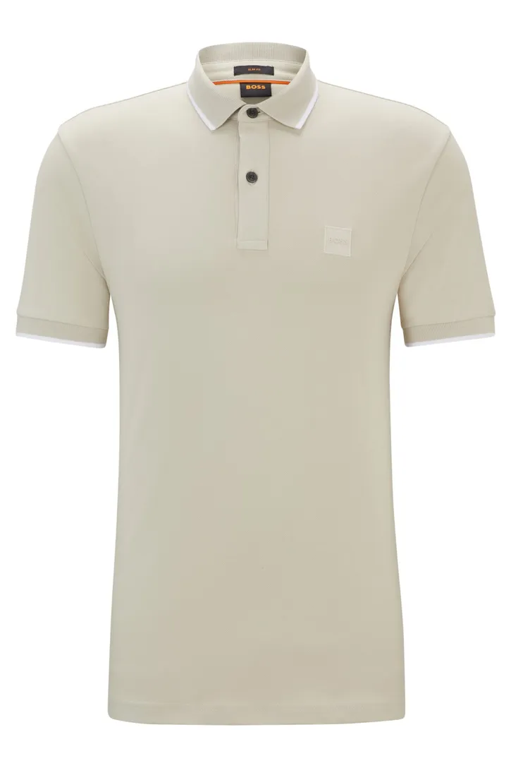 katoenen BOSS orange polo slim fit effen beige