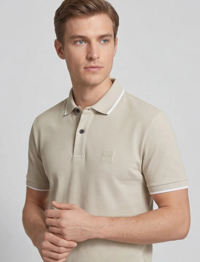 katoenen BOSS orange polo slim fit effen beige