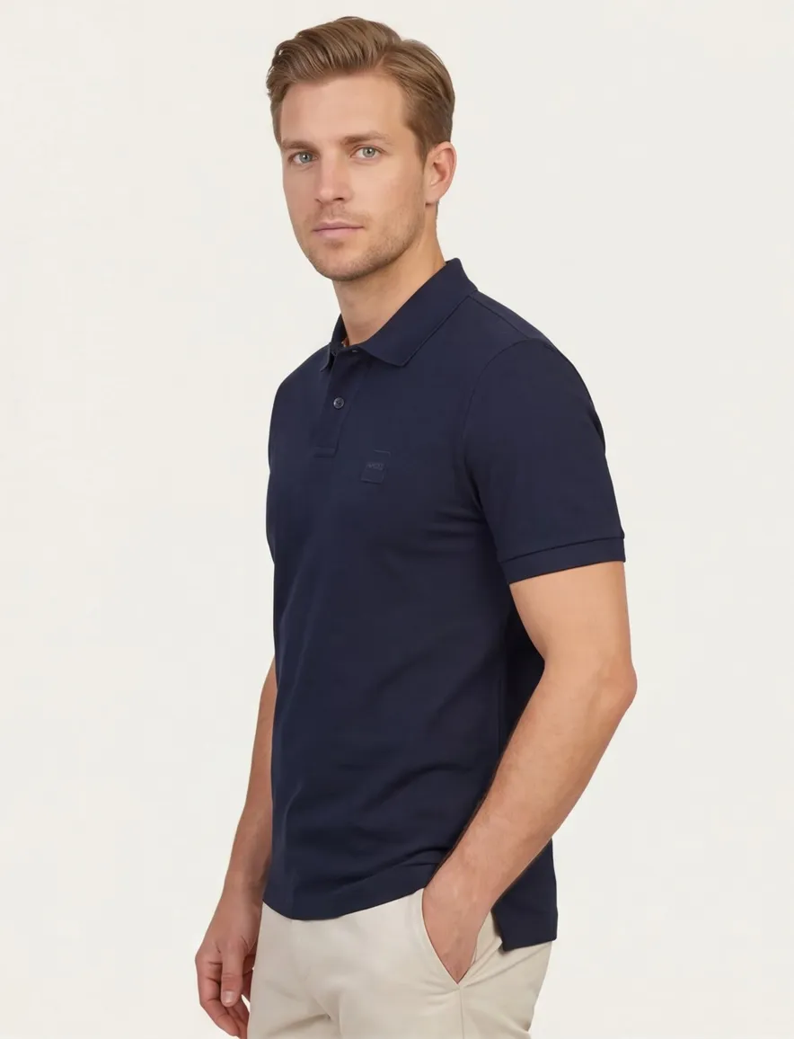 BOSS Orange Passenger polo effen donkerblauw slim fit katoen