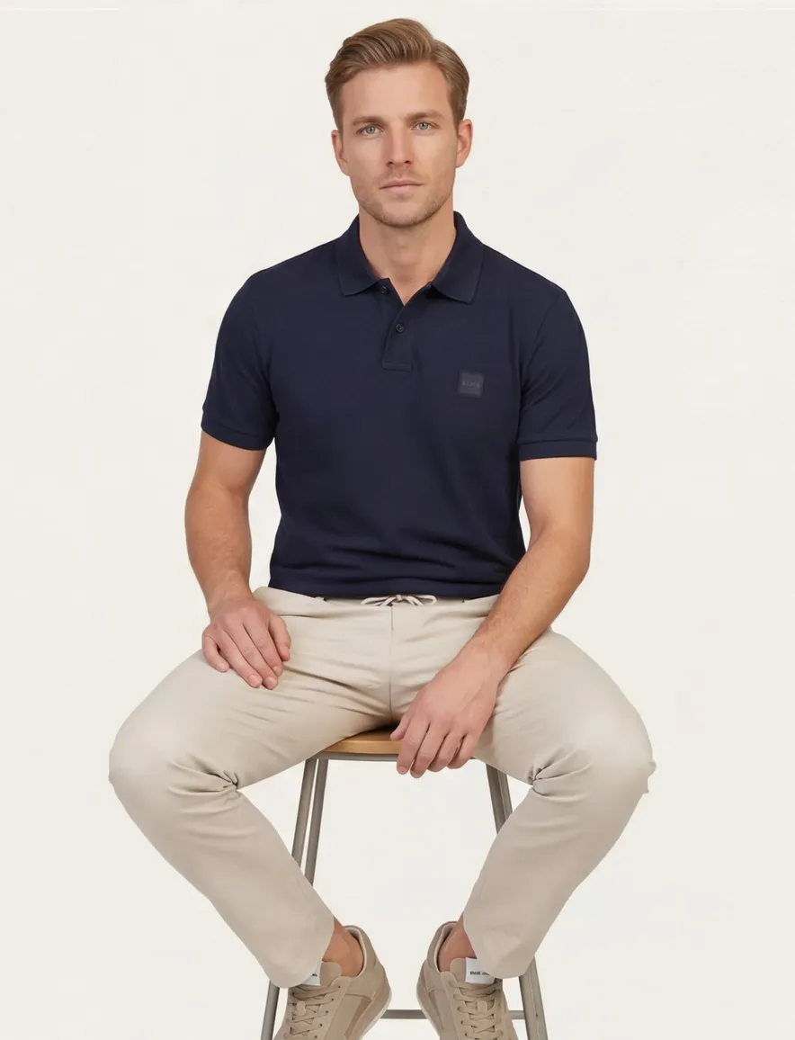 BOSS Orange Passenger polo effen donkerblauw slim fit katoen