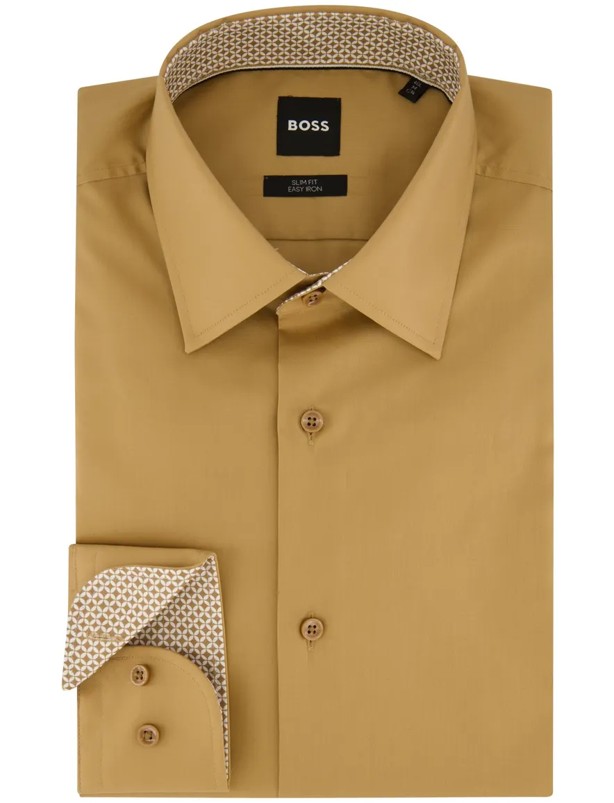 Boss H-Hank overhemd mouwlengte 7 slim fit bruin katoen easy iron