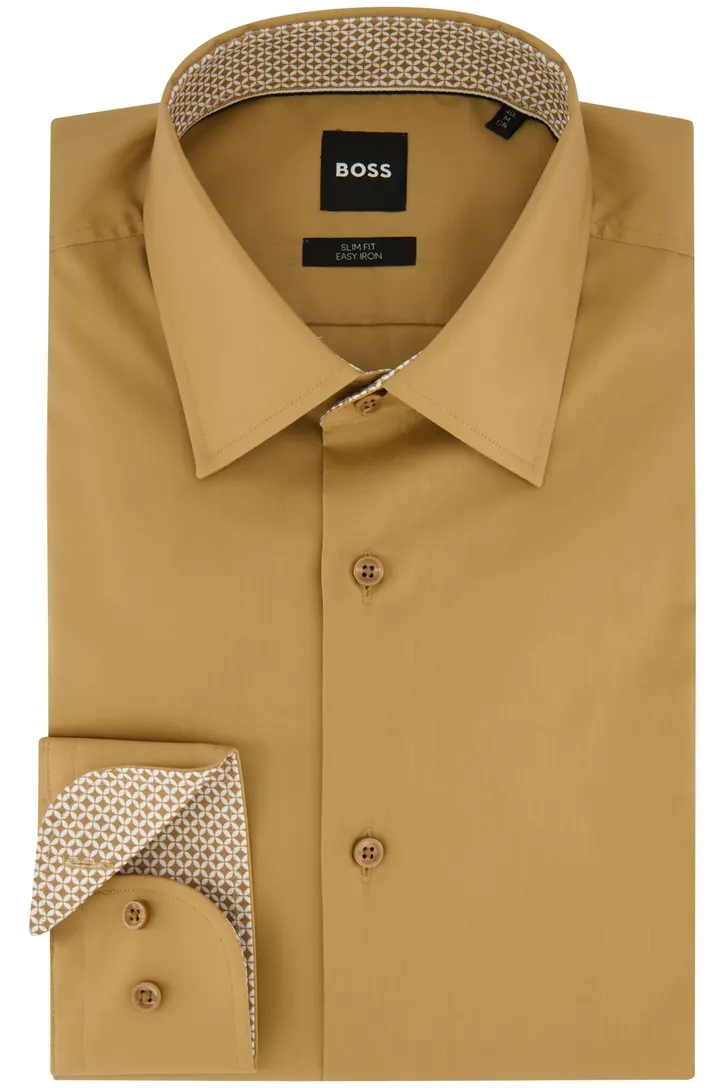 Hugo Boss overhemd mouwlengte 7 slim fit bruin effen katoen easy iron
