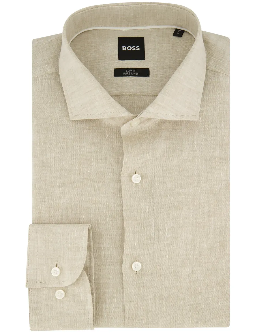 Boss overhemd H-HANK beige linnen