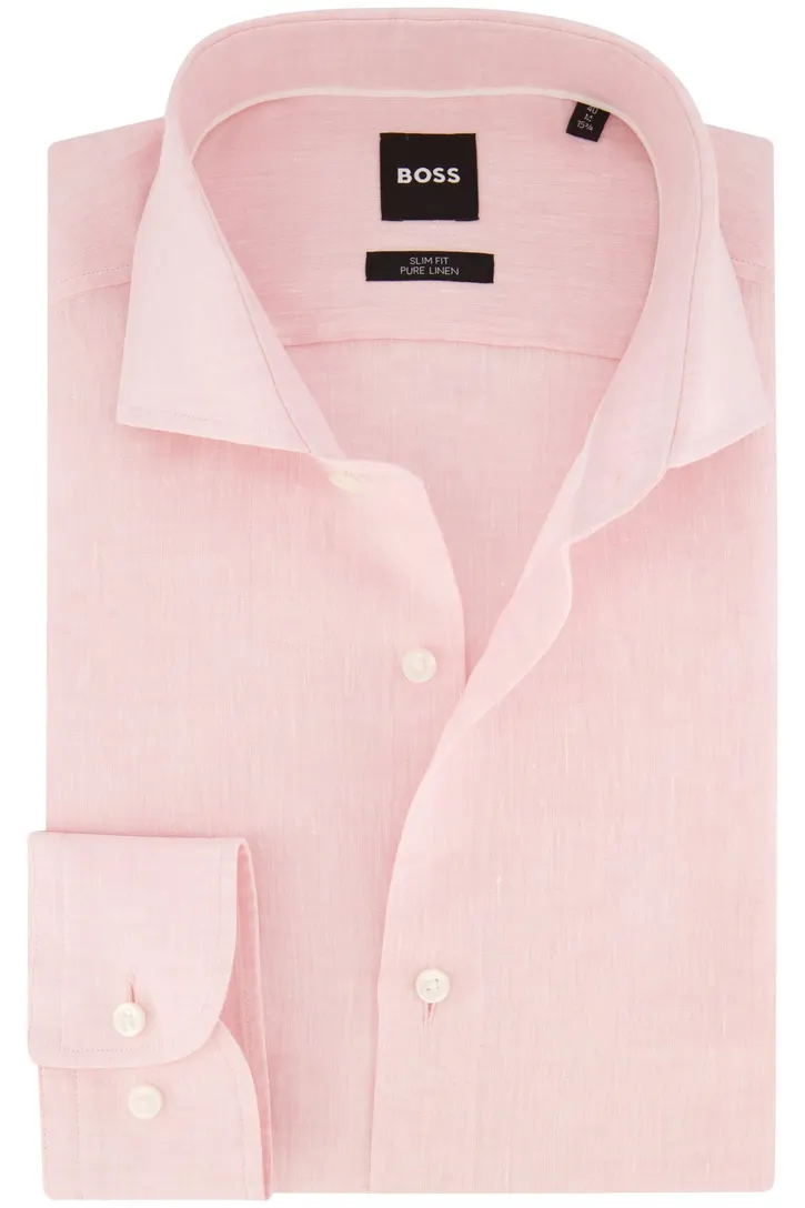 BOSS linnen overhemd slim fit lichtroze