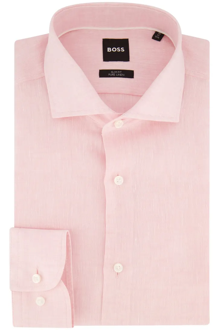 BOSS linnen overhemd slim fit lichtroze