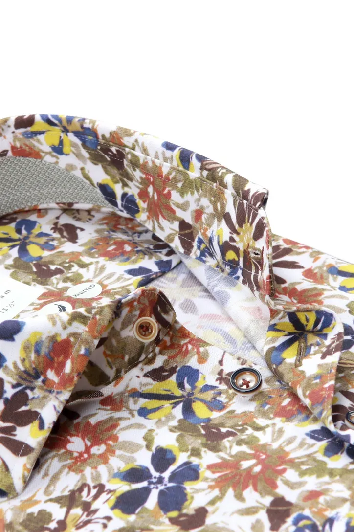 R2 casual overhemd slim fit bruine bloemenprint katoen