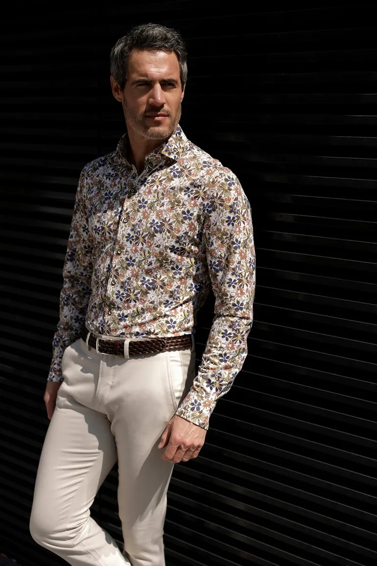 R2 casual overhemd slim fit bruin geprint bloemen katoen