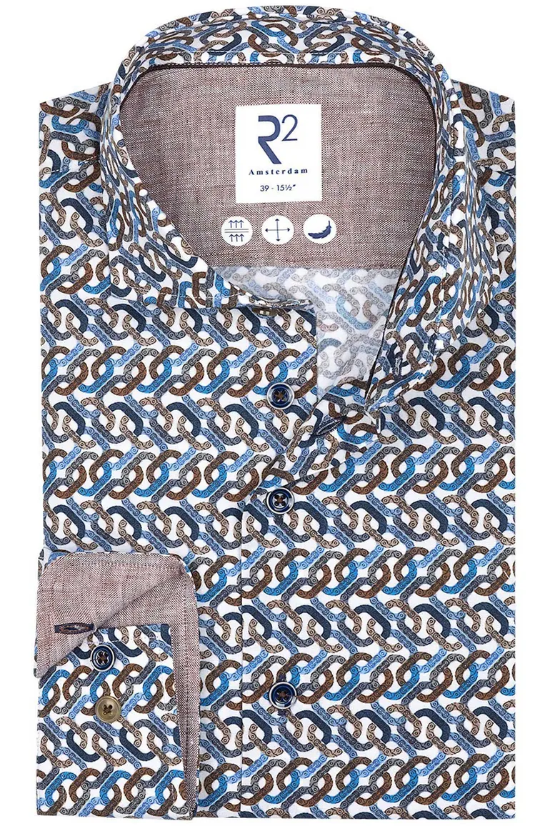 R2 modern fit overhemd blauw katoen geprint