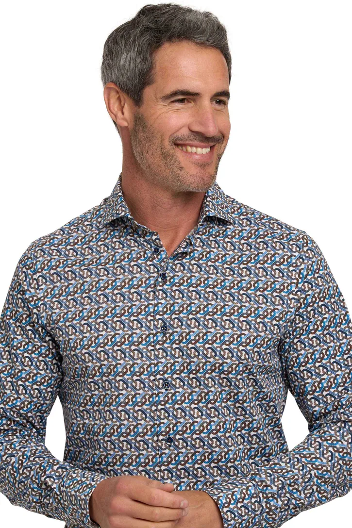 R2 blauw geprint overhemd modern fit katoen
