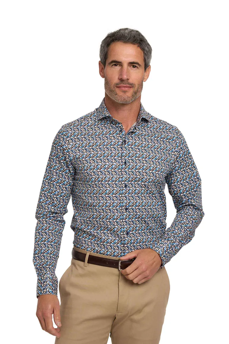 R2 modern fit overhemd blauw katoen geprint
