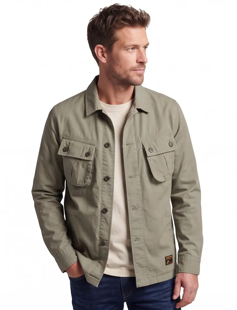 Superdry Overshirt khaki effen katoen knopen