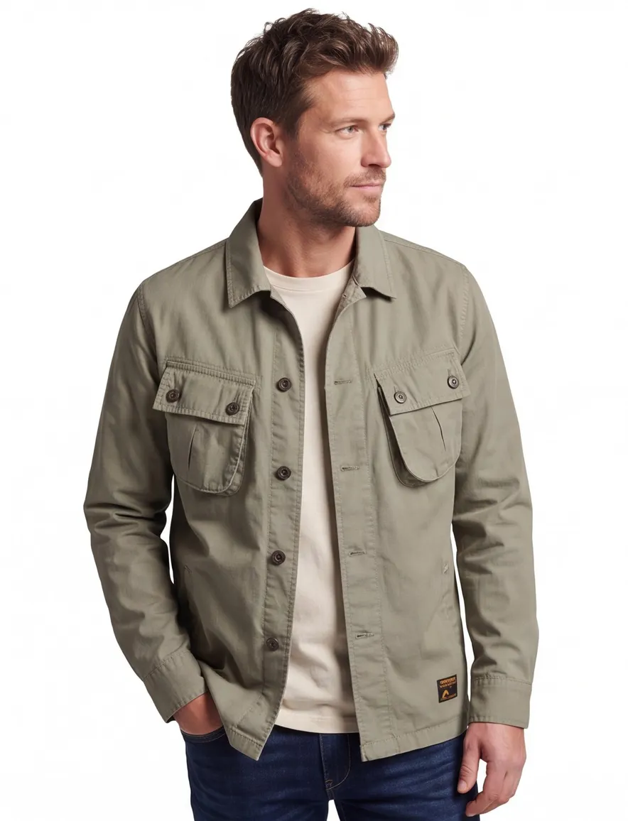 Superdry overshirt khaki effen katoen
