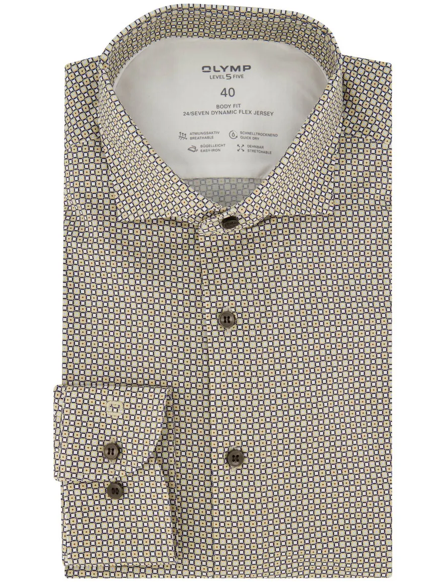 Olymp body fit overhemd beige geprint