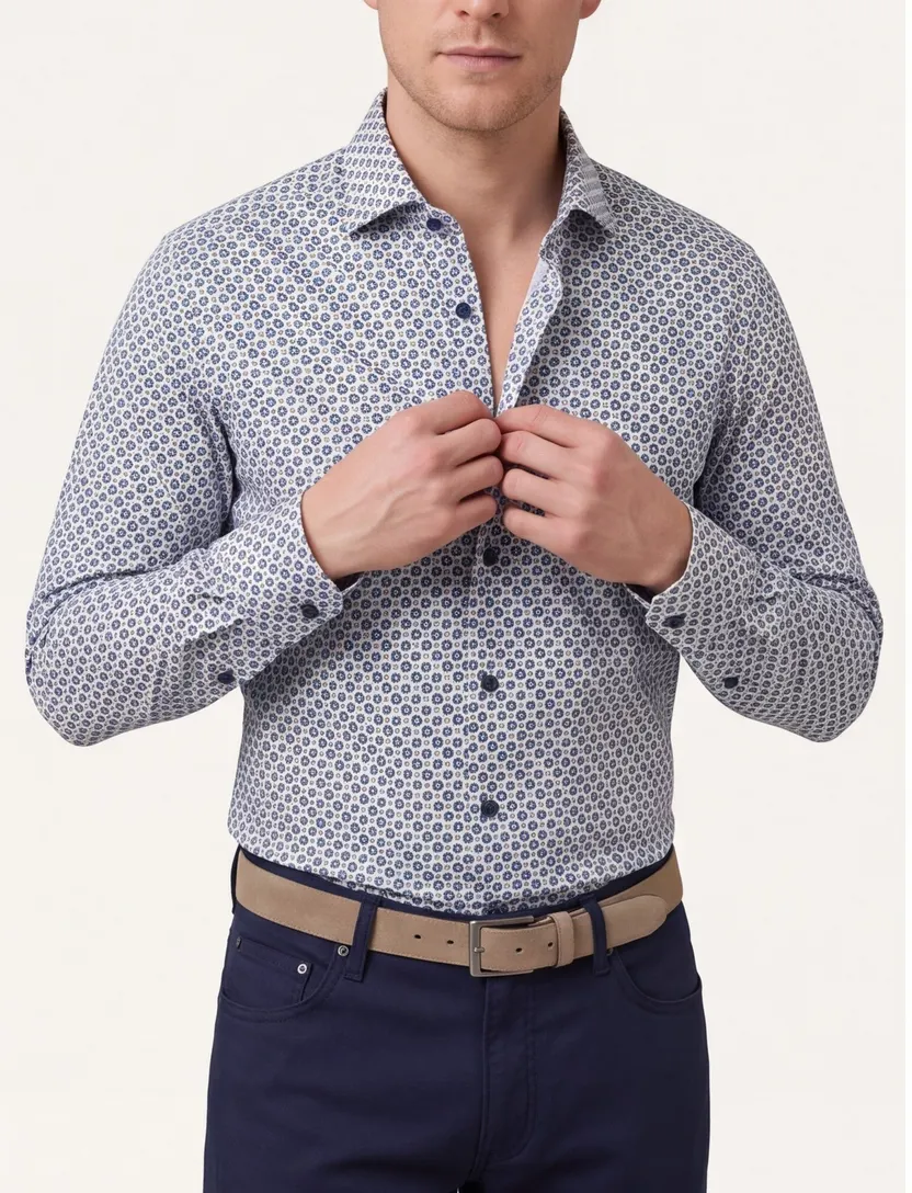 Olymp overhemd blauw geprint modern fit katoen