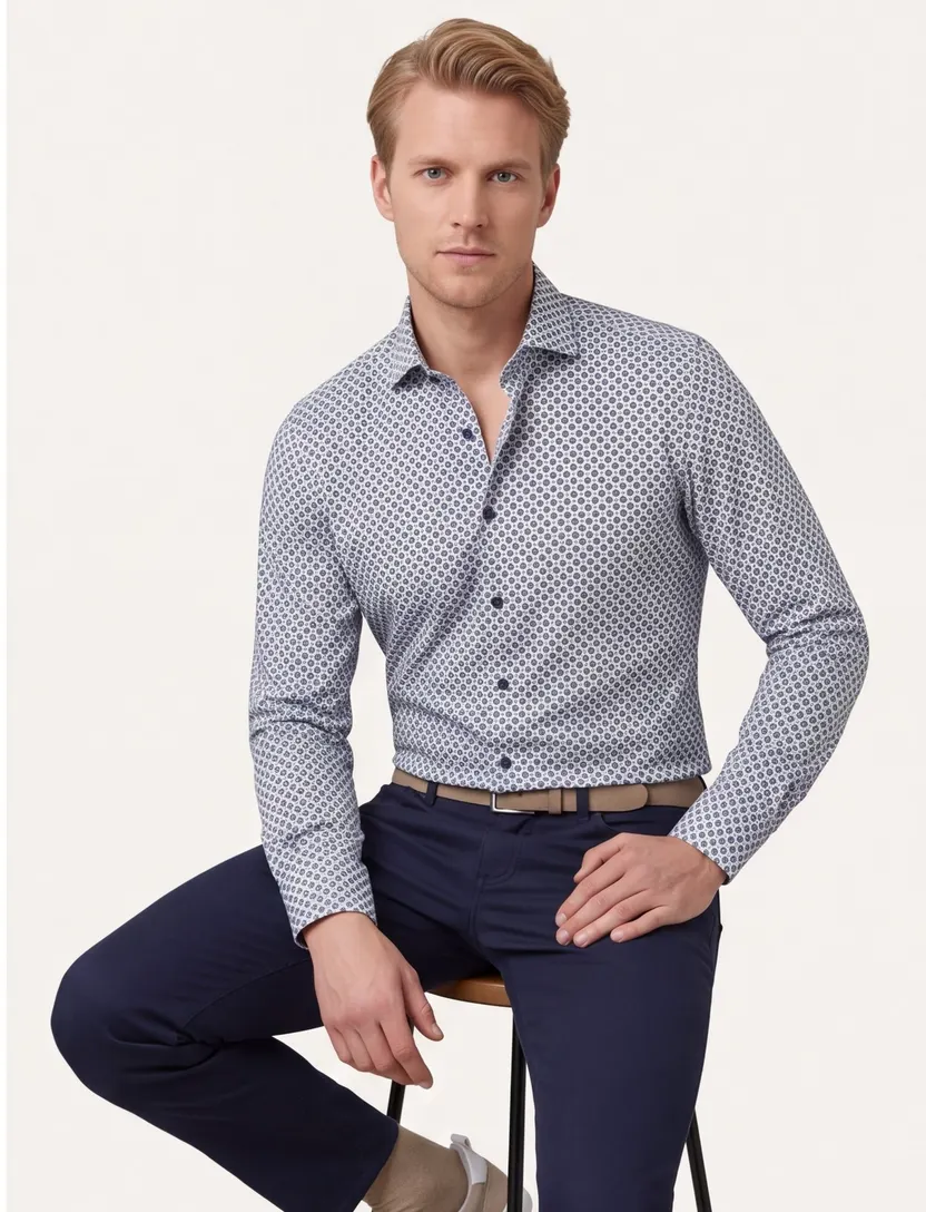 Olymp overhemd blauw geprint modern fit katoen