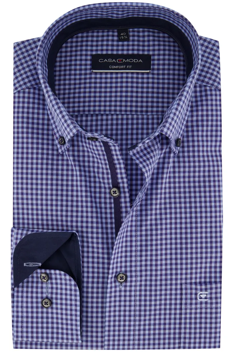 Overhemd Casa Moda blauw Comfort Fit geruit met borstzak