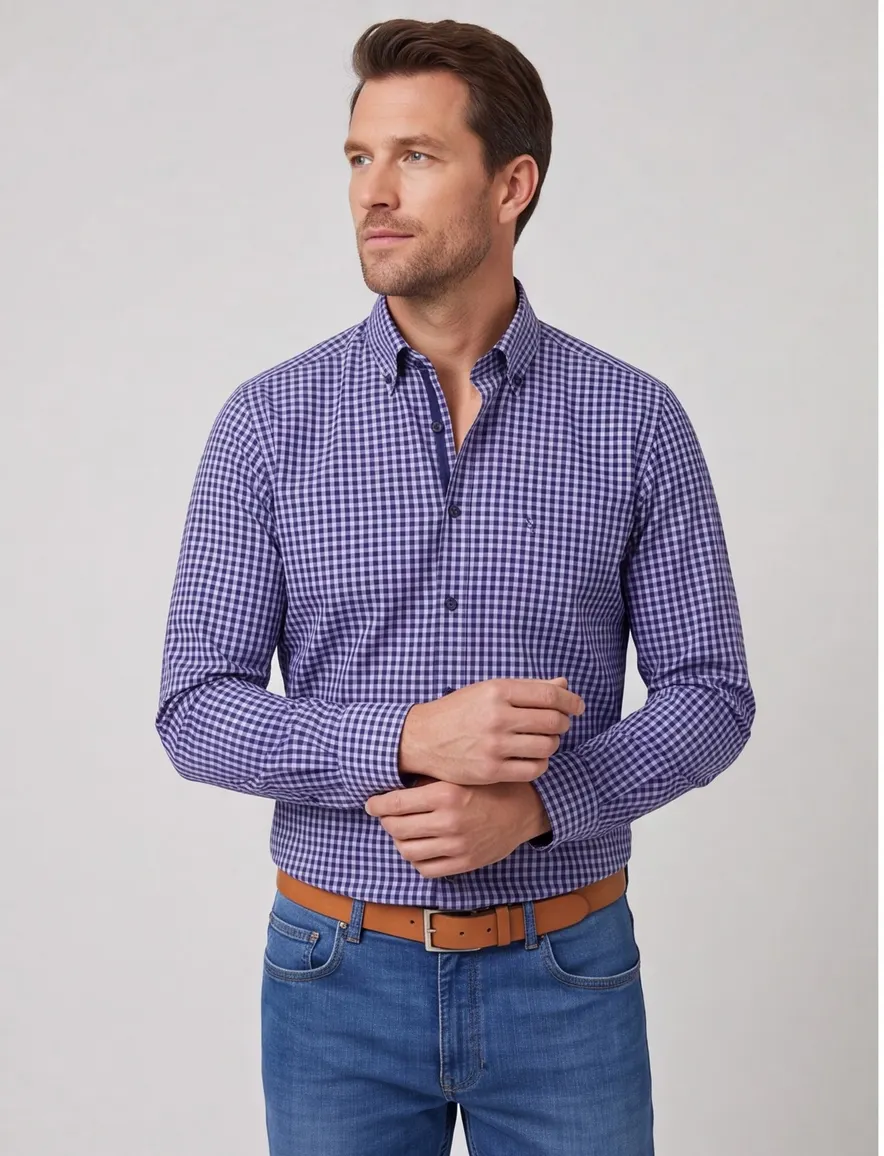 Overhemd Casa Moda blauw Comfort Fit geruit met borstzak