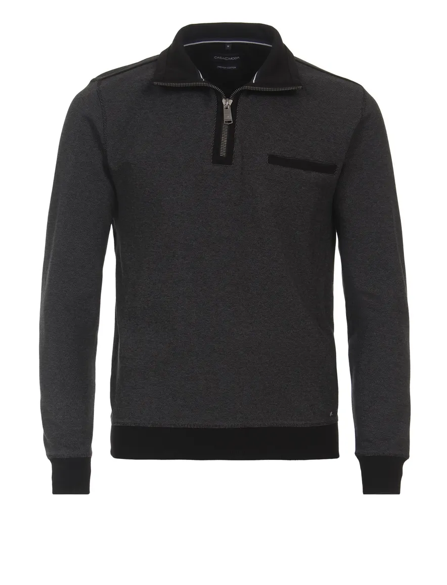 Trui half zip grijs gemêleerd Casa Moda katoen borstzak