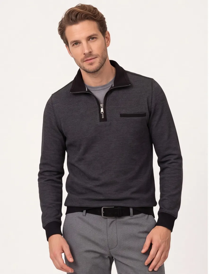 Trui half zip grijs gemêleerd Casa Moda katoen borstzak