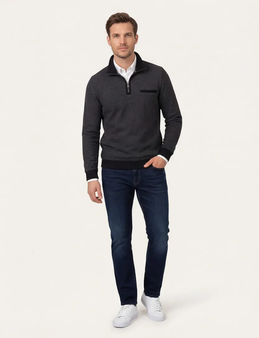Katoenen Casa Moda trui grijs gemêleerd half zip