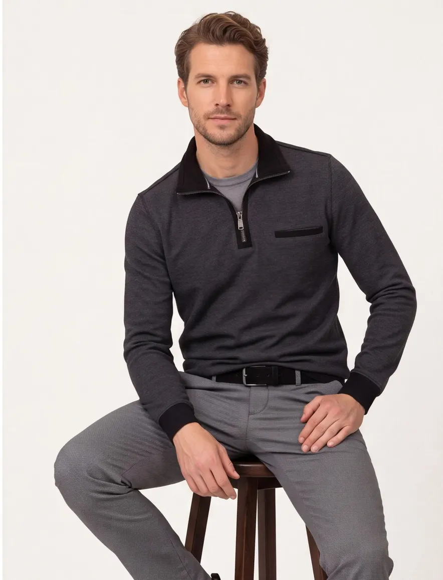 Trui half zip grijs gemêleerd Casa Moda katoen borstzak