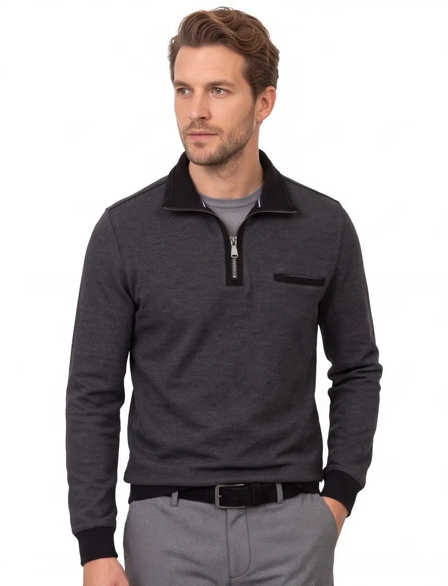 Trui half zip grijs gemêleerd Casa Moda katoen borstzak