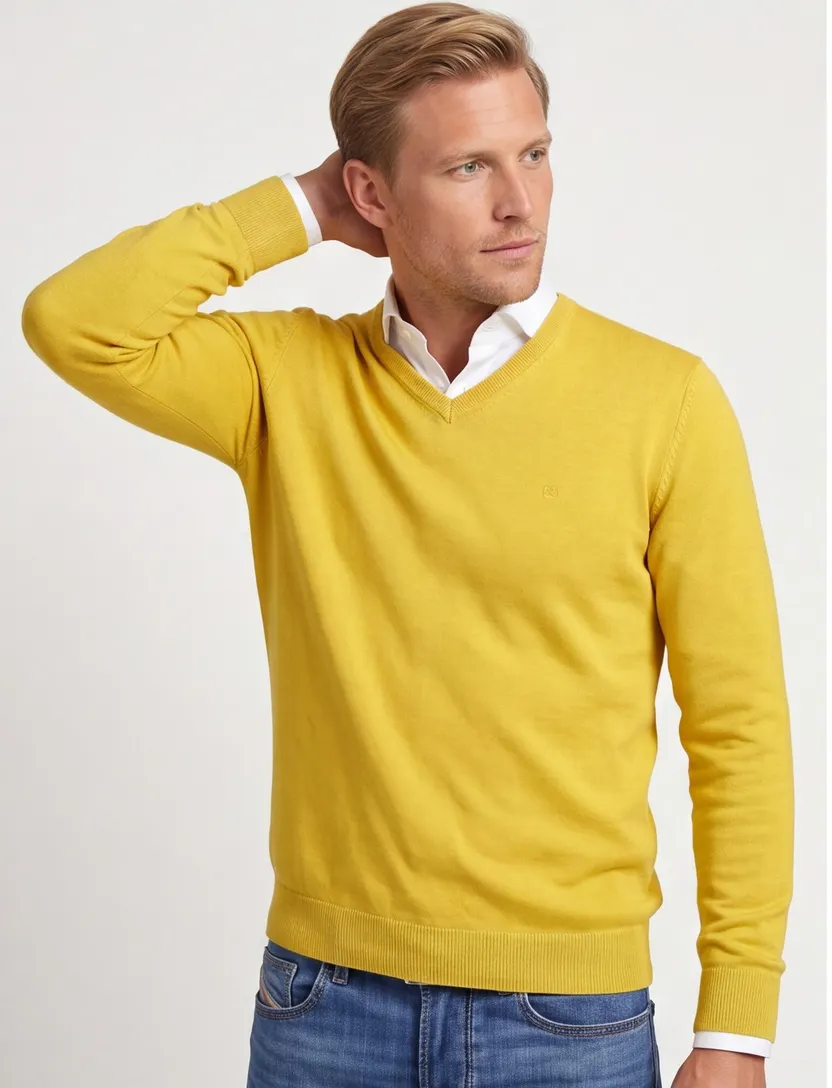 Casa Moda trui v-hals geel effen 100% katoen