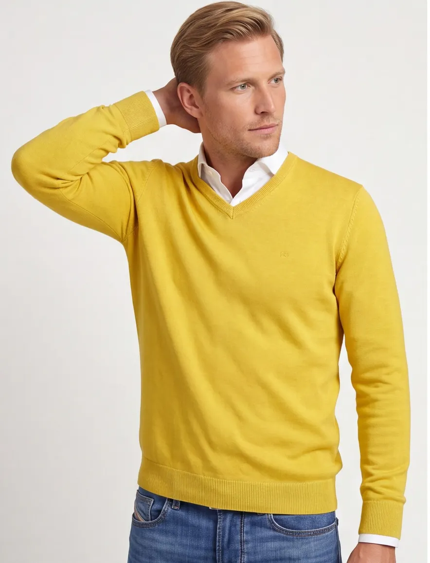 Casa Moda trui v-hals geel effen 100% katoen