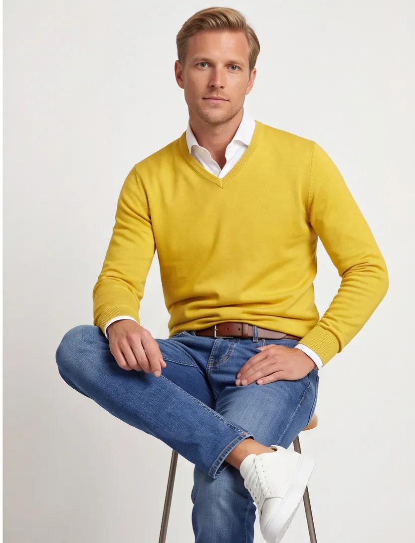 Casa Moda trui v-hals geel effen 100% katoen