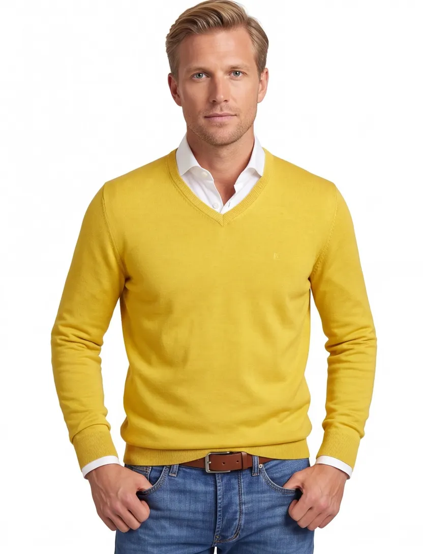 Casa Moda trui v-hals geel effen 100% katoen