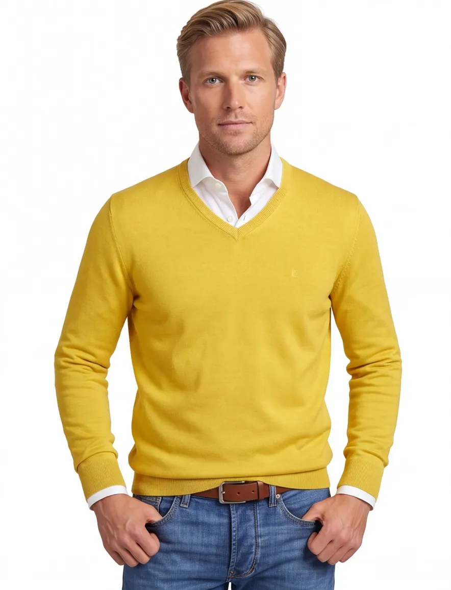 Casa Moda trui v-hals geel effen 100% katoen