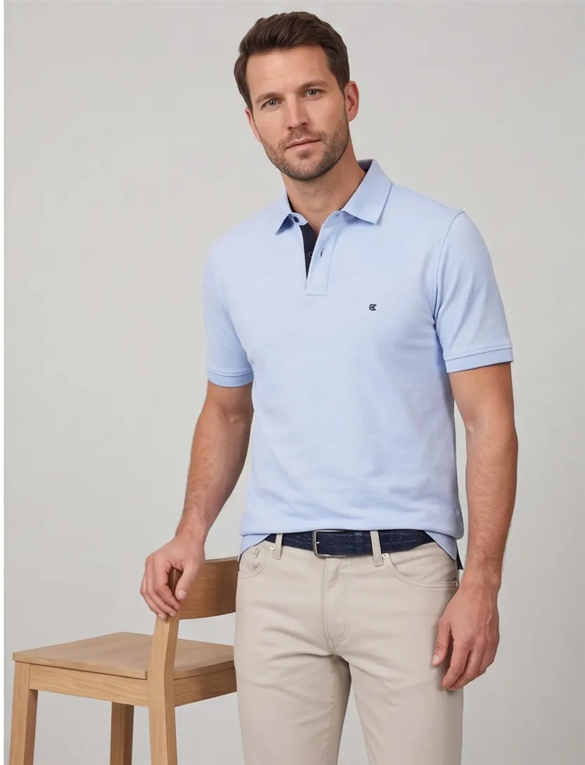 Katoenen Casa Moda polo stretch effen lichtblauw wijde fit