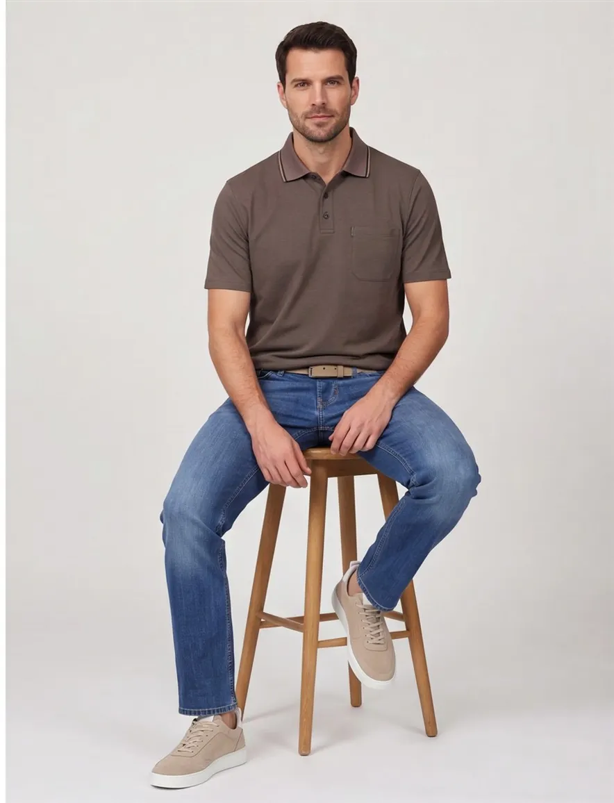 Casa Moda poloshirt korte mouw bruin gemeleerd wijde fit