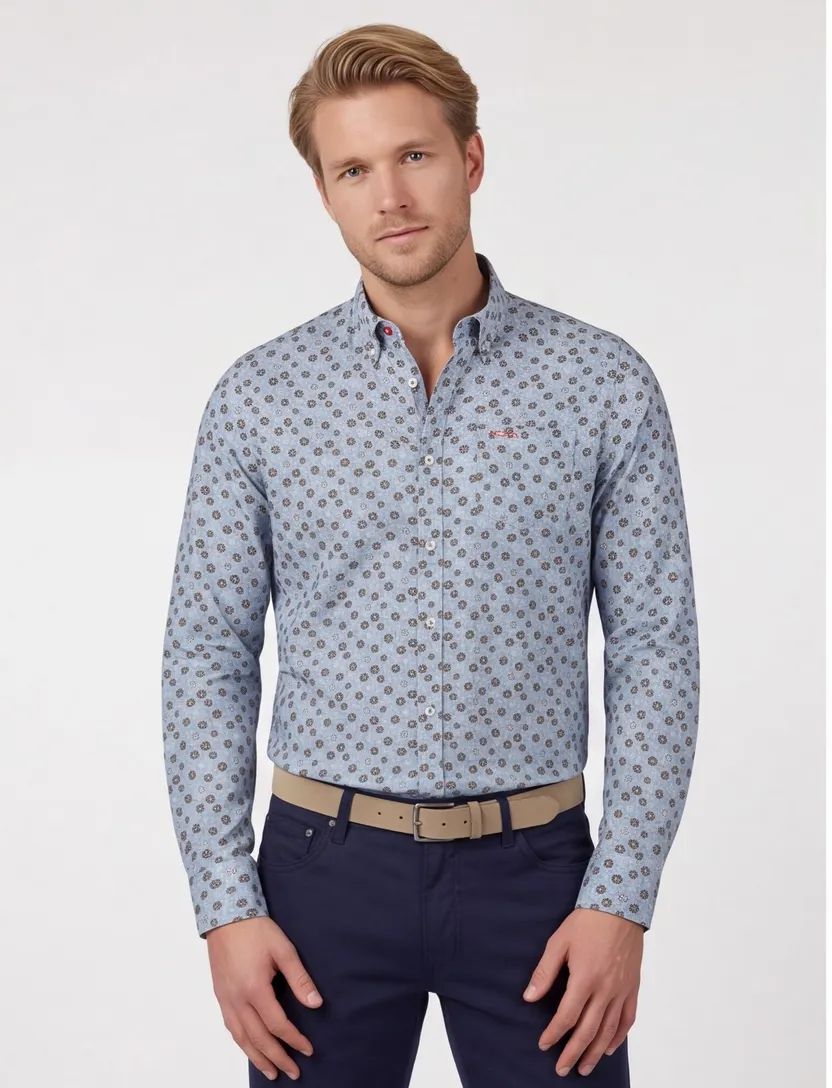 linnen New Zealand casual overhemd normale fit blauw geprint