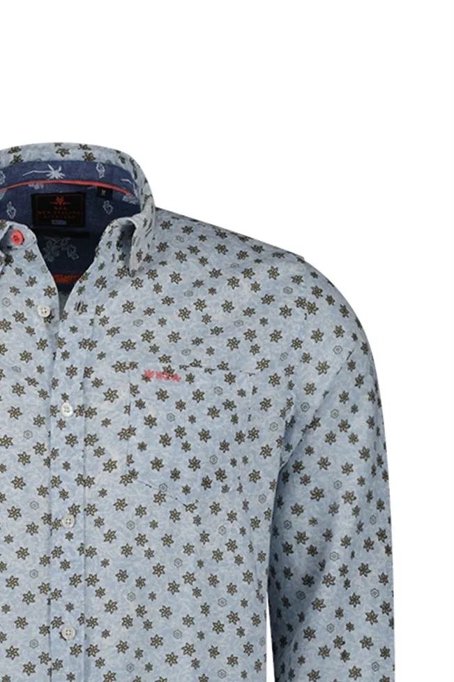 linnen New Zealand casual overhemd normale fit blauw geprint