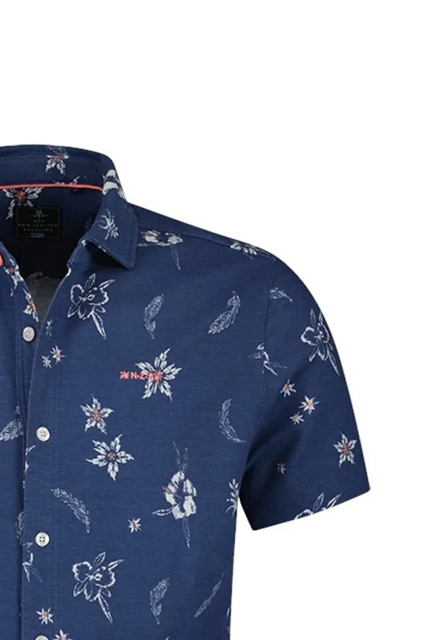 New Zealand overhemd korte mouw donkerblauw geprint katoen